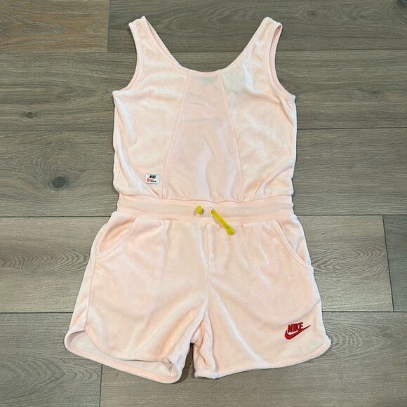 NIKE Girls Heritage Pink Peach Terry Tank Top Romper Shorts Size Large - Picture 2 of 14
